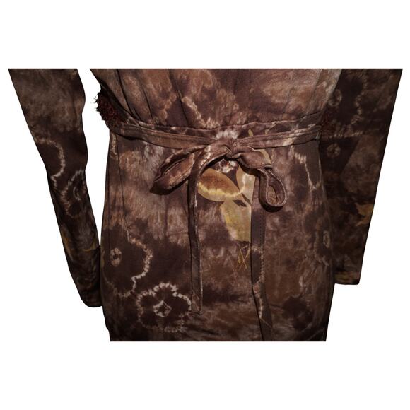 Y2K Brown Floral Mesh Dress with Fuzzy Knit Trim Long Sleeve Retro Layered S - Picture 11 of 11